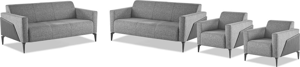 Sitzmöbel Komplett Modern Set 3-Sitzer Sessel Grau Textil Edelstahl Leder