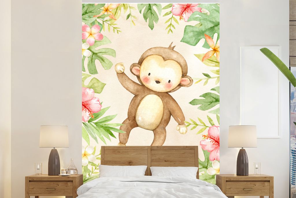 MuchoWow Fototapete für Wohnzimmer oder Schlafzimmer Wandtapete Vinyl Motivtapete Affe - Blumen - Pflanzen - Dschungel - 195x300 cm - Das Hinter...