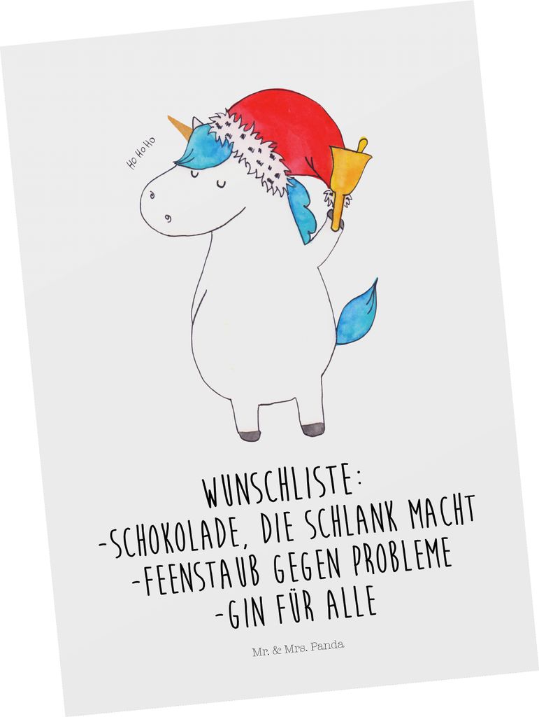 Mr. & Mrs. Panda Postkarte Einhorn Weihnachtsmann - Weiß - Geschenk, Ansichtskarten, Nikolaus, Schokolade, Grußkarte, Ansichtskarte, Fotokarte, P...