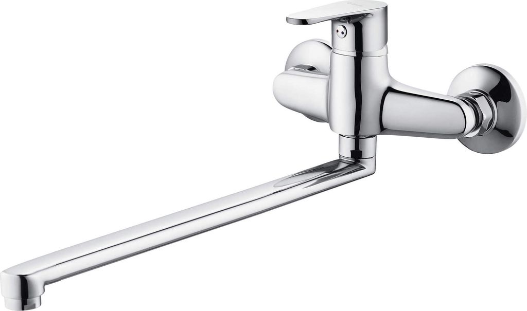 A chrome wall-mounted faucet with a long, extendable spout.