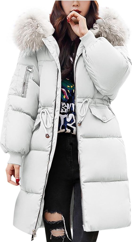 ASKSA Damen Mantel Wintermantel Lang Puffer Daunenmantel Winterjacke Parka Jacke Winter Warm Elegant Daunenjacke mit Kapuze (Weiss,M)