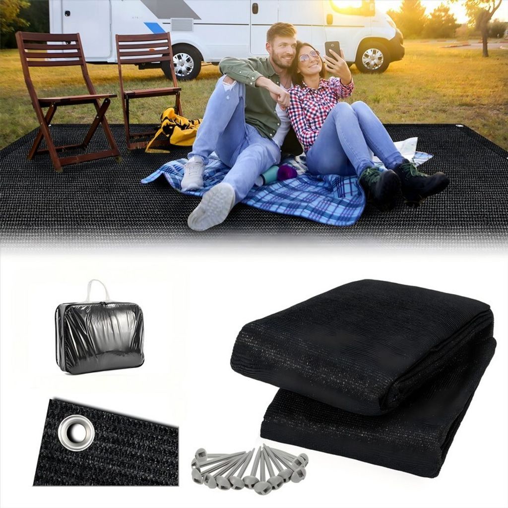 TolleTour Vorzeltteppich 300x600cm Zeltteppich aus HDPE Outdoor Camping Teppich inkl Tragetasche Zubehör Schwarz