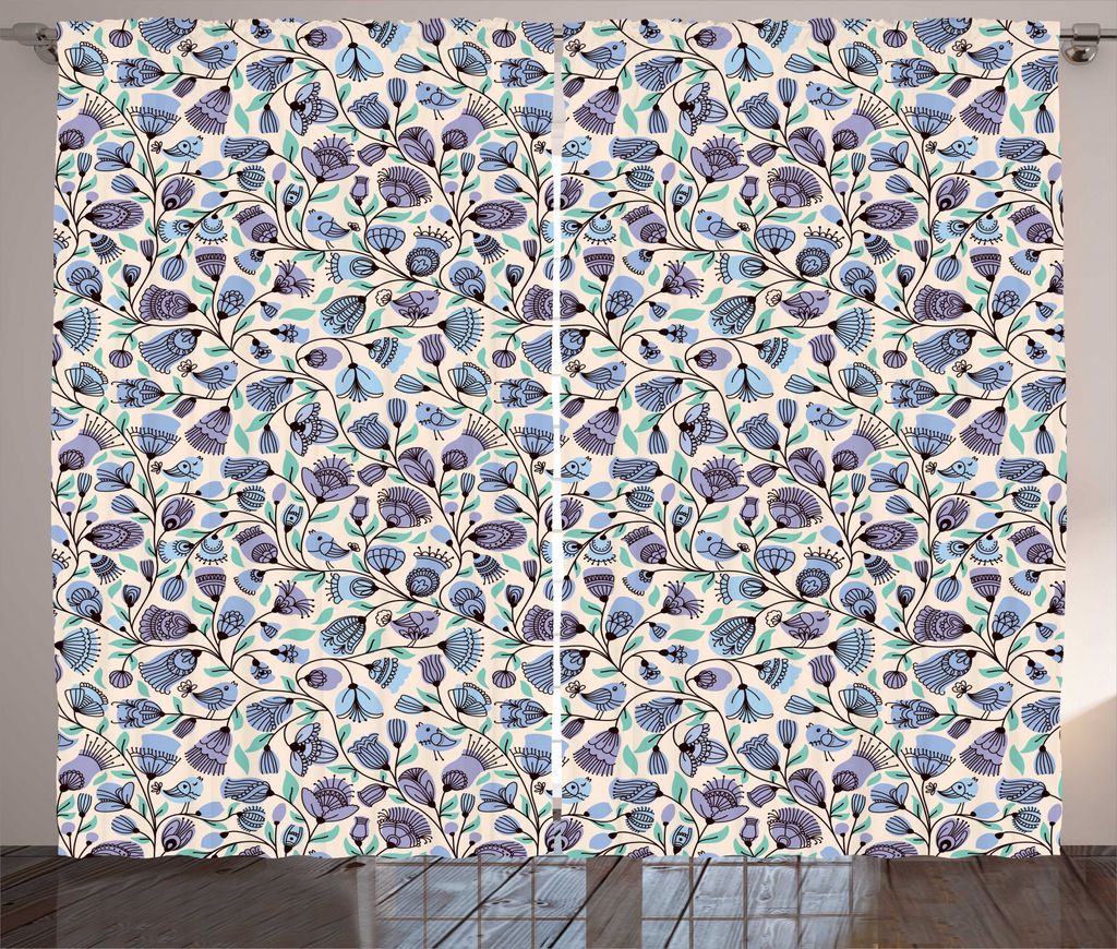 ABAKUHAUS Gekritzel Rustikaler Gardine, Vögel Flourishing Blumen, Schlafzimmer Kräuselband Vorhang mit Schlaufen und Haken, 280 x 245 cm, Mehrfarbig