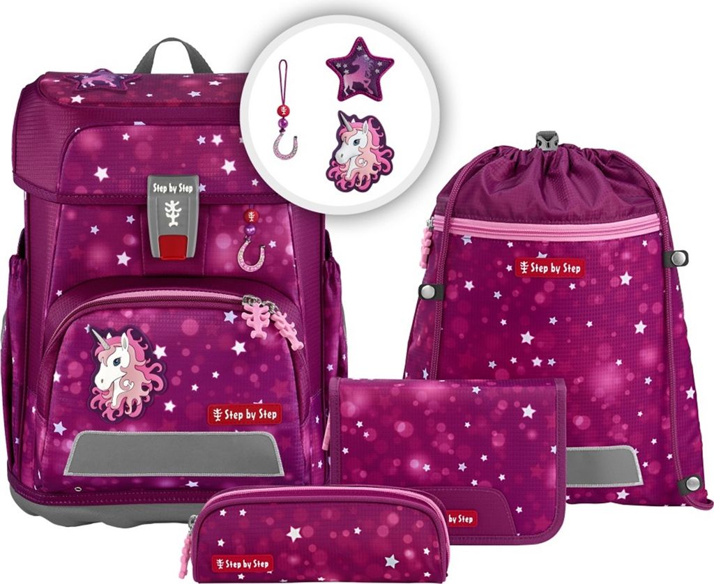 A set of purple school bags and accessories with a unicorn and star pattern, displayed against a white background.