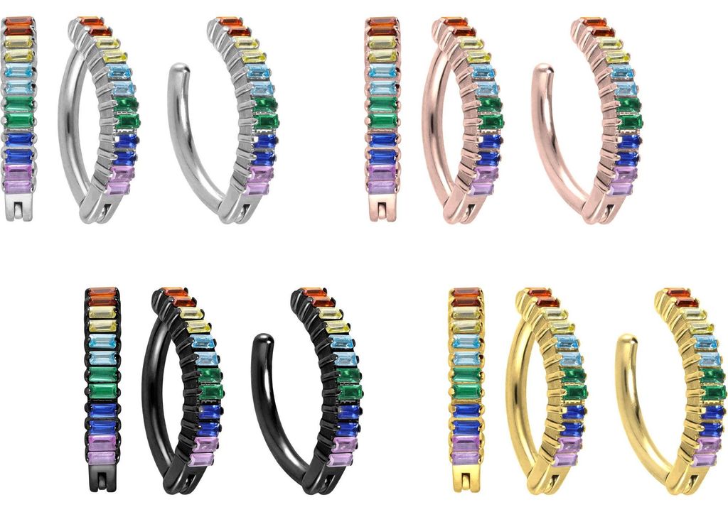 Ohrpiercing, Nasenpiercing, Septum Piercing Titan Bauchnabelclicker BOGEN + EINGEFASSTE BUNTE KRISTALLRECHTECKE