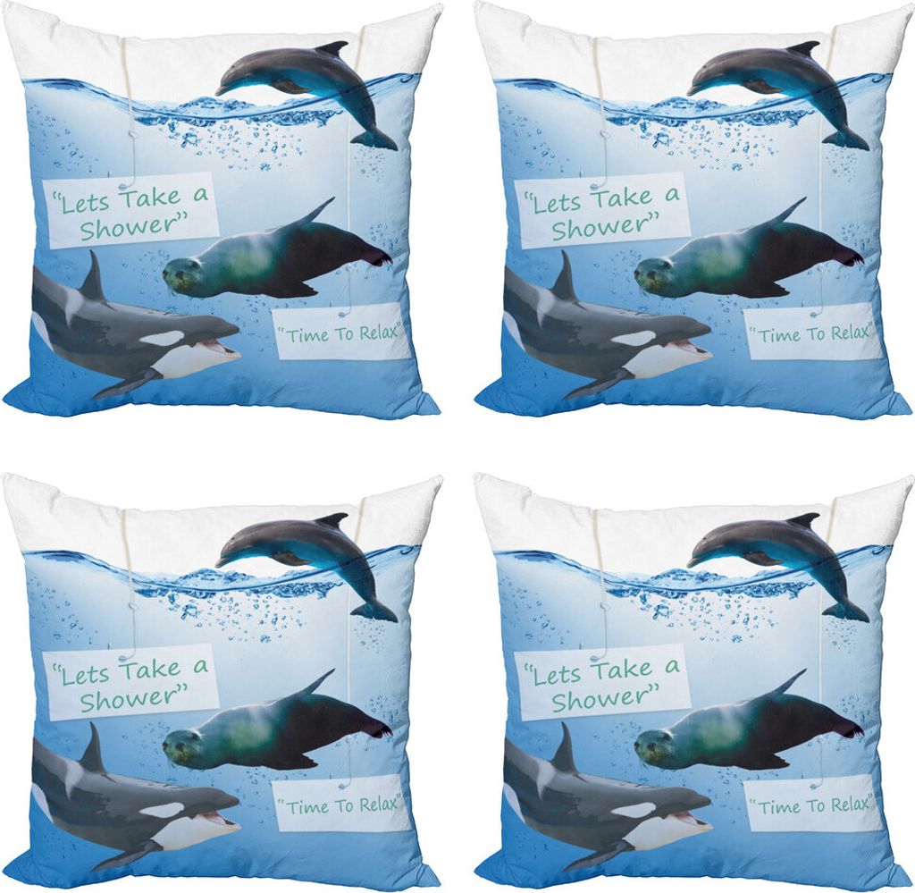 ABAKUHAUS Tier Kissenbezug Set (4 Stück), Whale Dolphin und Seal Sea, Moderner Doppelseitiger Digitaldruck, 45 cm x 45 cm, Blassblau Multicolor