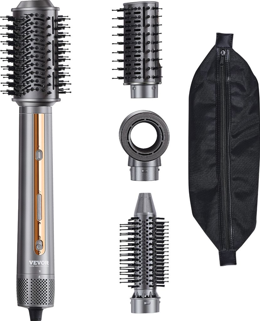 A multi-hair styler with its attachments and storage bag, displayed against a white background.