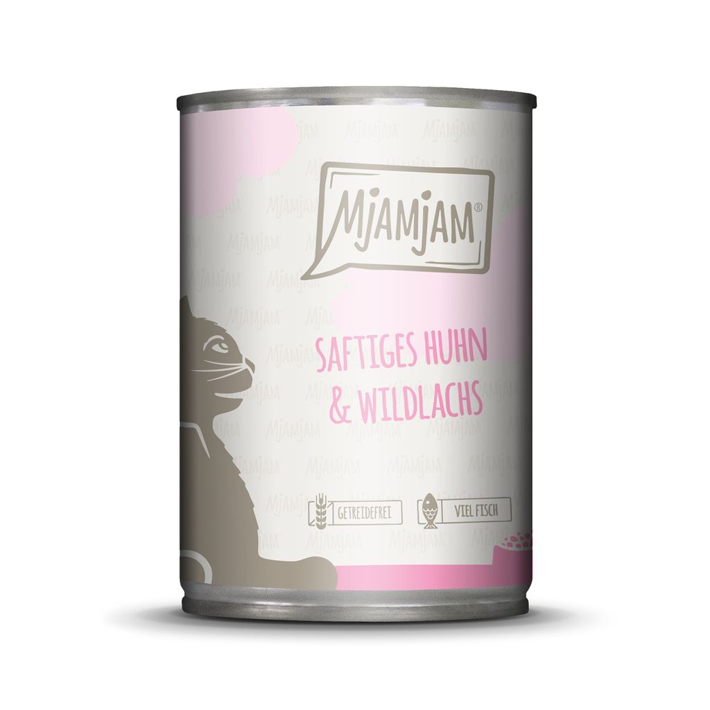 MjAMjAM saftiges Huhn und Wildlachs, Adult, jede Rasse, Huhn, Lachs, 400 g, Getreidefrei