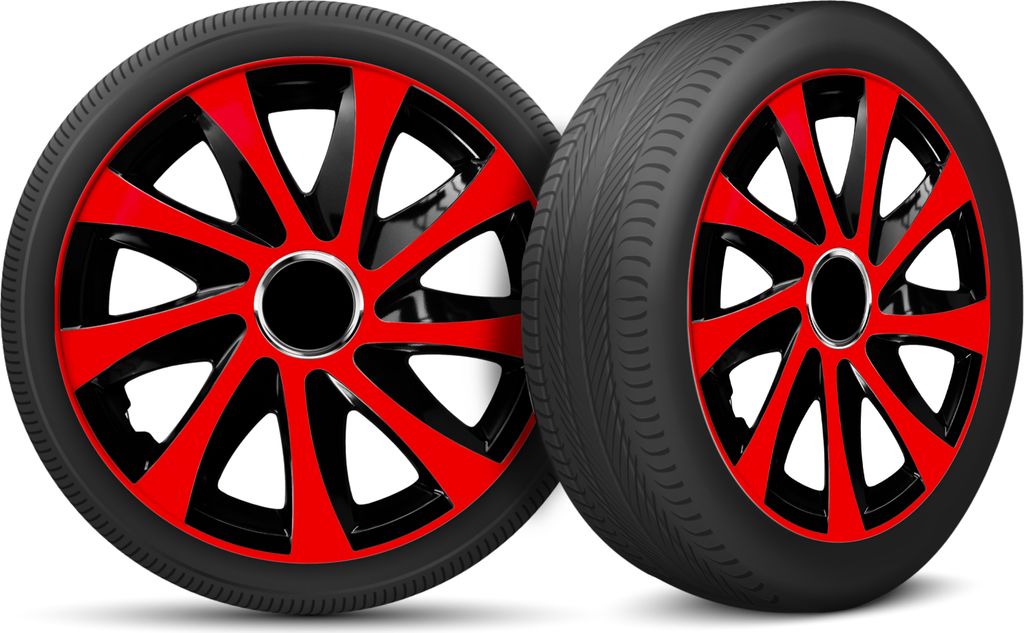 Auto Radkappen Radzierblenden 4er Set passend für alle Stahlfelgen - einstellbarer Sicherungsring - 14 Zoll - Schwarz Rot