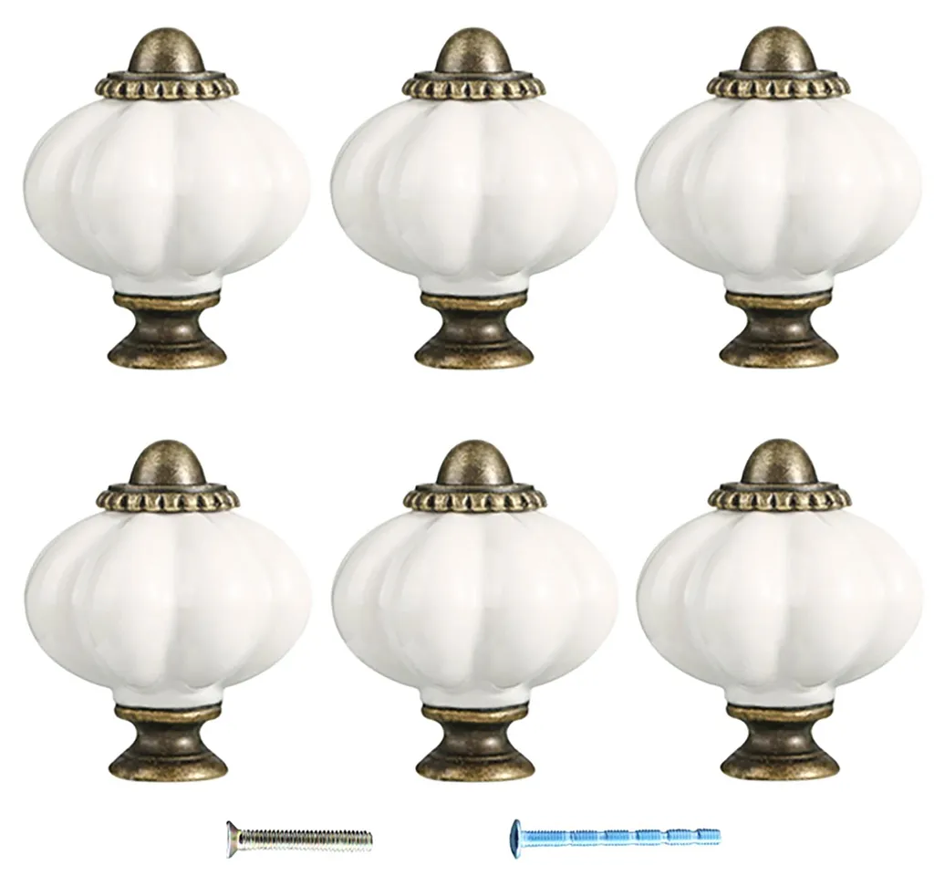Bouton de meuble en céramique blanche citrouille avec vis de fixation