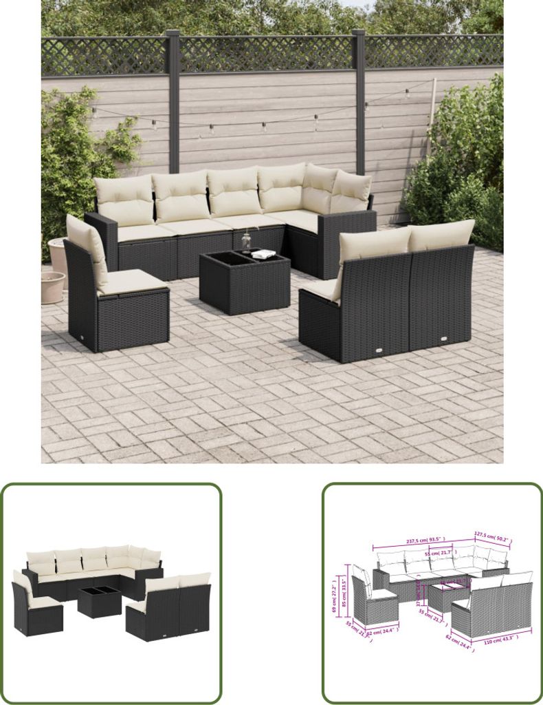 The Living Store 9-tlg. Garten-Sofagarnitur mit Kissen Schwarz Poly Rattan