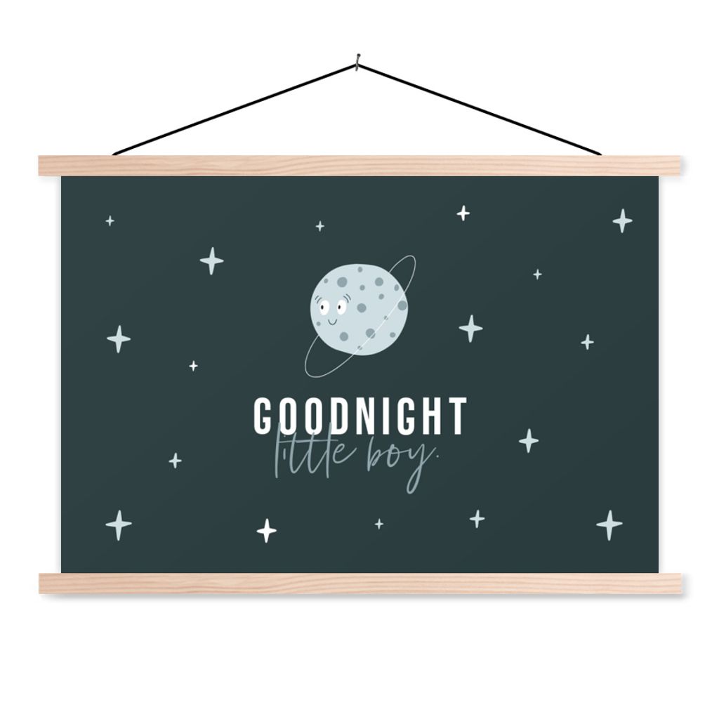 MuchoWow Textilposter Zitate - Junge - Gute Nacht kleiner Junge - Sprichwörter - Kinder - Baby - Jungen 120x80 cm mit holzfarbenen Rahmen - Aufh...