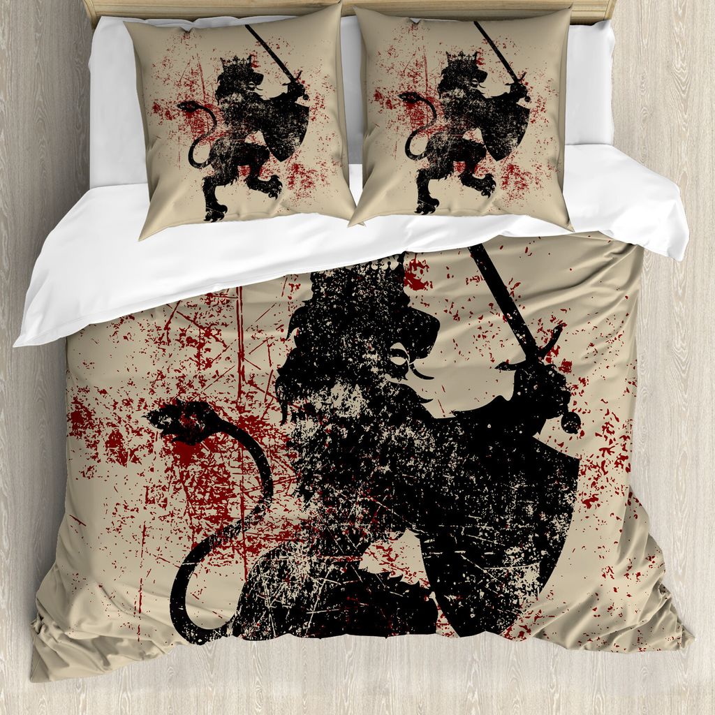 ABAKUHAUS König Bettbezug, Courage Lion, Milbensicher Allergiker geeignet mit Kissenbezügen, 200 cm x 200 cm - 80 x 80 cm, Schwarz Weiß und Burgund