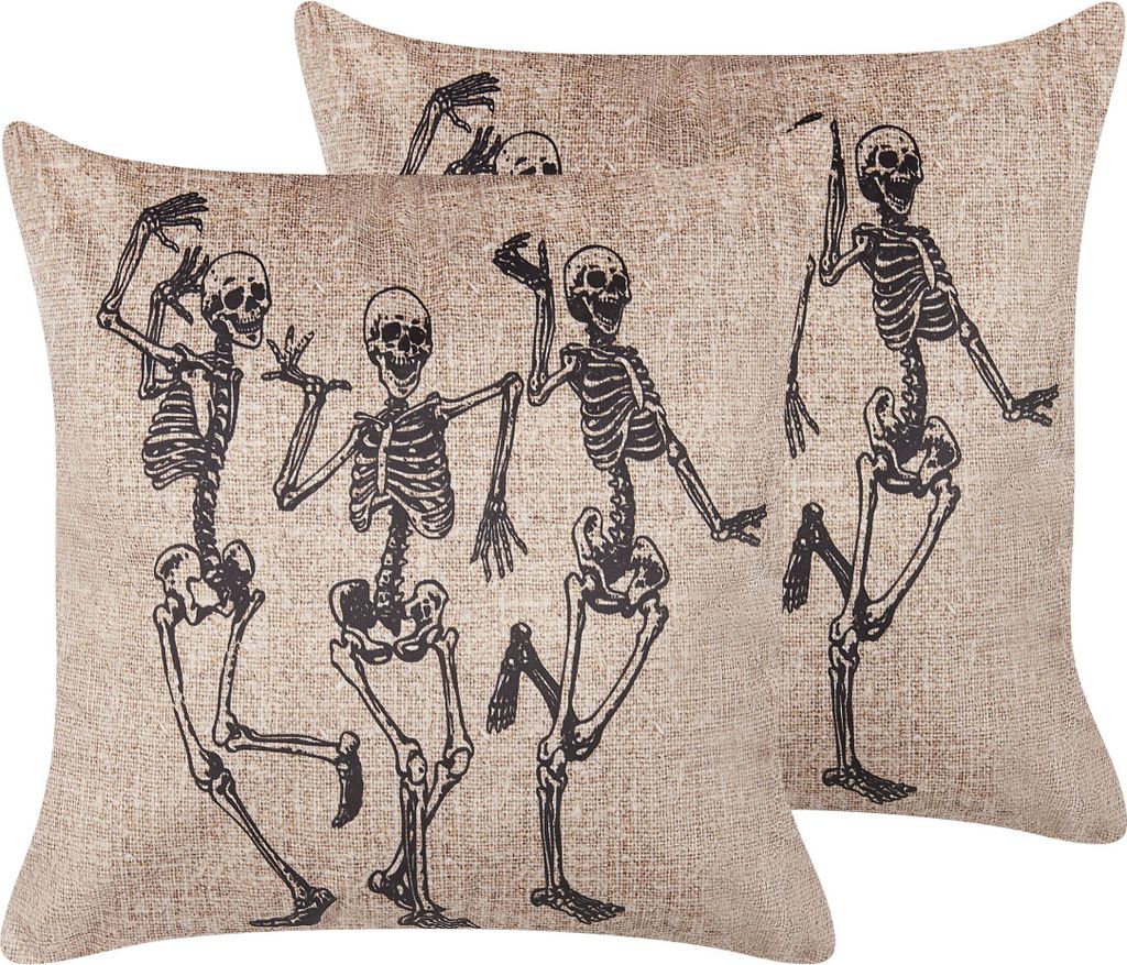 BELIANI Dekokissen Beige 2er Set Samtstoff 45 x 45 cm Halloween Skelett-Motiv Quadratisch Halloween-Deko Modern Minimalistisch Herbst Deko