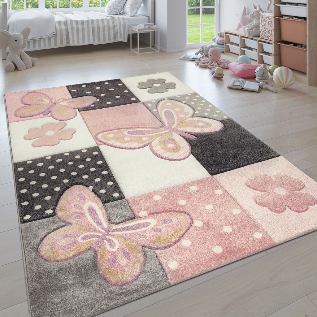 Kinder Teppich Kinderzimmer Bunt Rosa Schmetterlinge Karo Muster Punkte Blumen Grösse 80x150 cm
