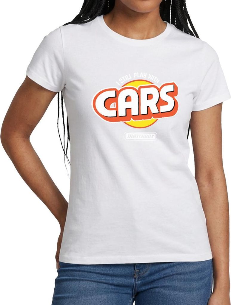 Spreadshirt Matchbox I Still Play With Cars Design Frauen T-Shirt, M, Weiß