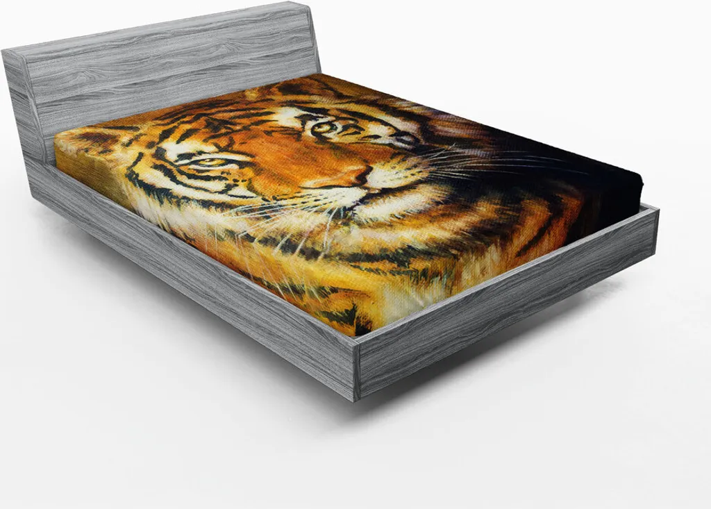 ABAKUHAUS Lenzuolo con angoli Tiger, stile dipinto a olio Big Cat Occhi penetranti Carnivoro Bengal Feline of East, 180 x 200 cm, nero marrone chiaro