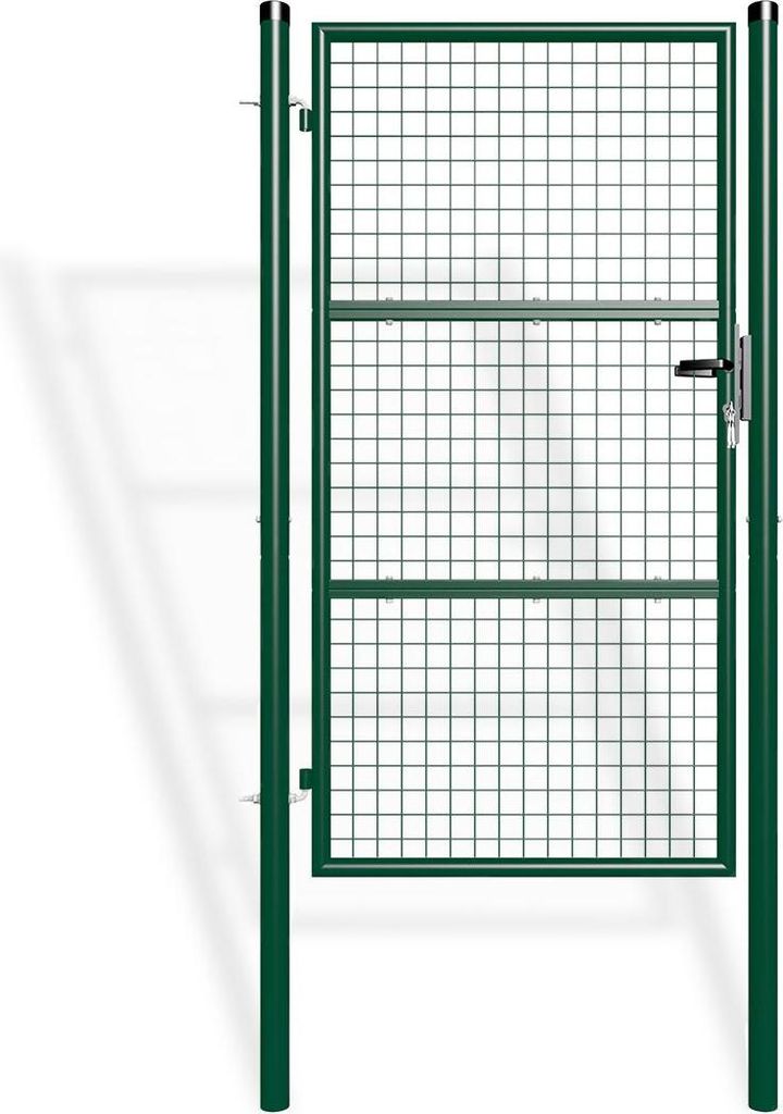 A green metal garden gate with a wire mesh infill, shown standing upright against a white background.