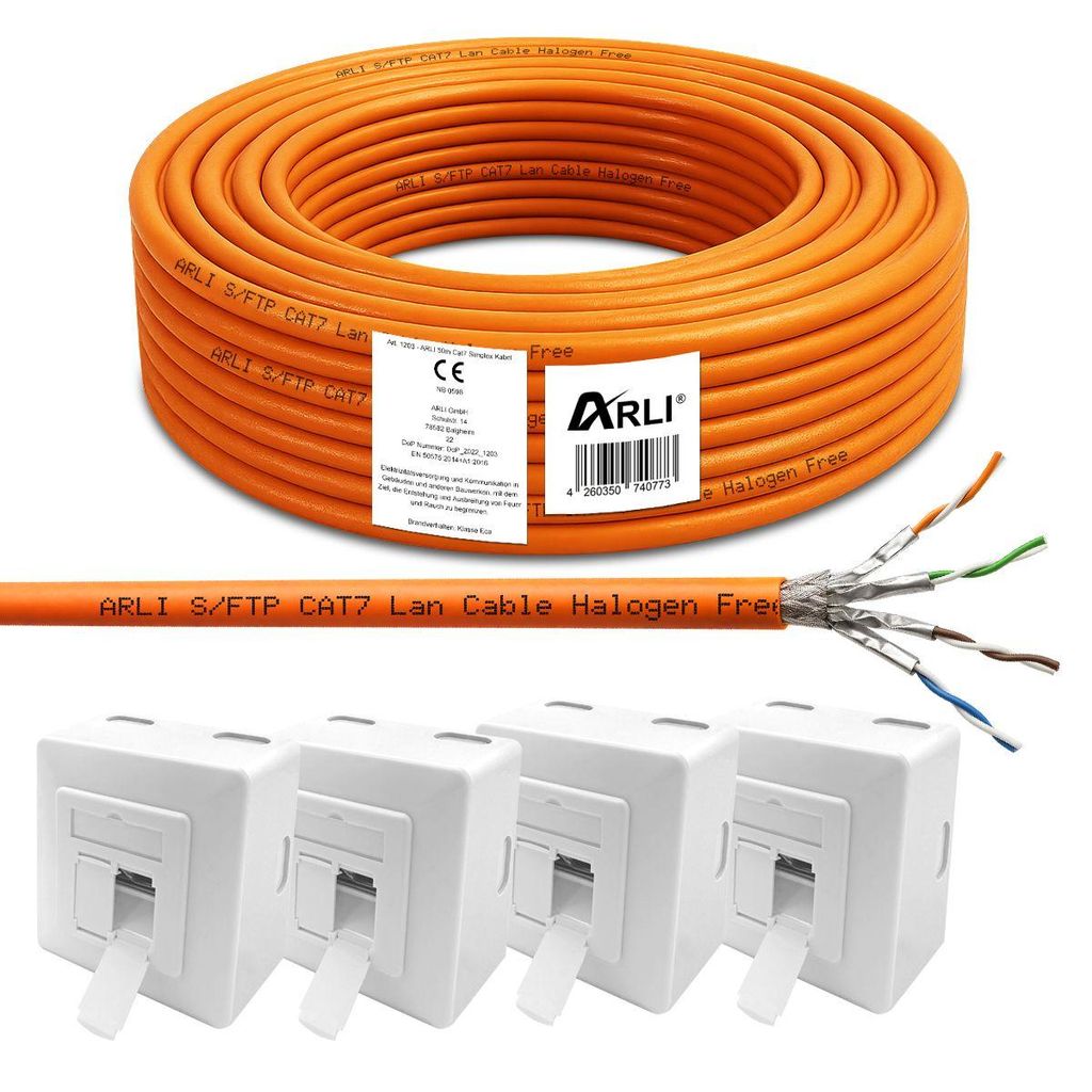 ARLI Cat7 Verlegekabel 50m S/FTP PIMF Halogenfrei Netzwerkkabel + 4x Cat6a Netzwerkdose