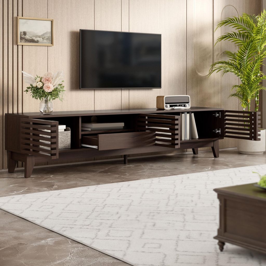 okwish TV-Schrank TV-Lowboard mit drei praktischen Türen,Fernsehschrank TV-Panel Fernsehbank mit offenen Fächern und Kabeldurchführungen,Holzfarbe