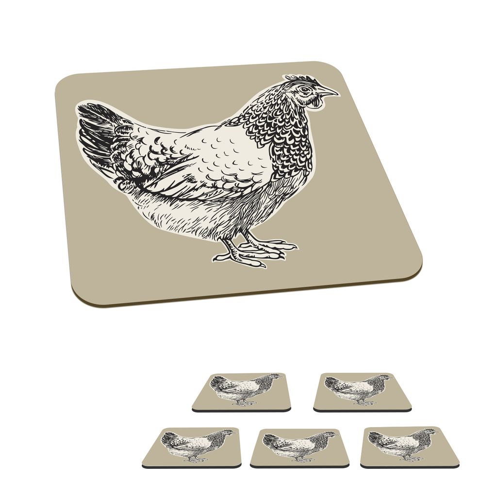 KitchenYeah Glasuntersetzer Quadratisch 6er Set Tiere - Huhn - Schwarz - Weiß 10x10 cm Untersetzer für Gläser - Getränkeuntersetzer - Tischp...