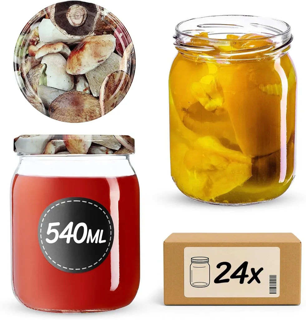 KADAX barattoli per conserve con coperchio "Senna", barattoli per marmellata, barattoli per conserve, 540 ml, funghi, 24 pezzi