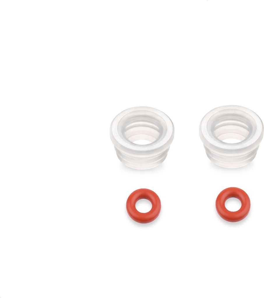 Two clear plastic ring-shaped adapters and two red ring-shaped seals are arranged in two rows on a white background.