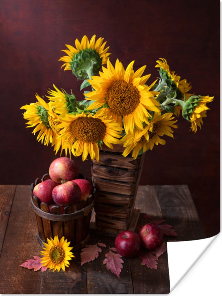 MuchoWow Poster Sonnenblumen - Apfel - Stilleben 60x80 cm - Schlafzimmer Dekoration