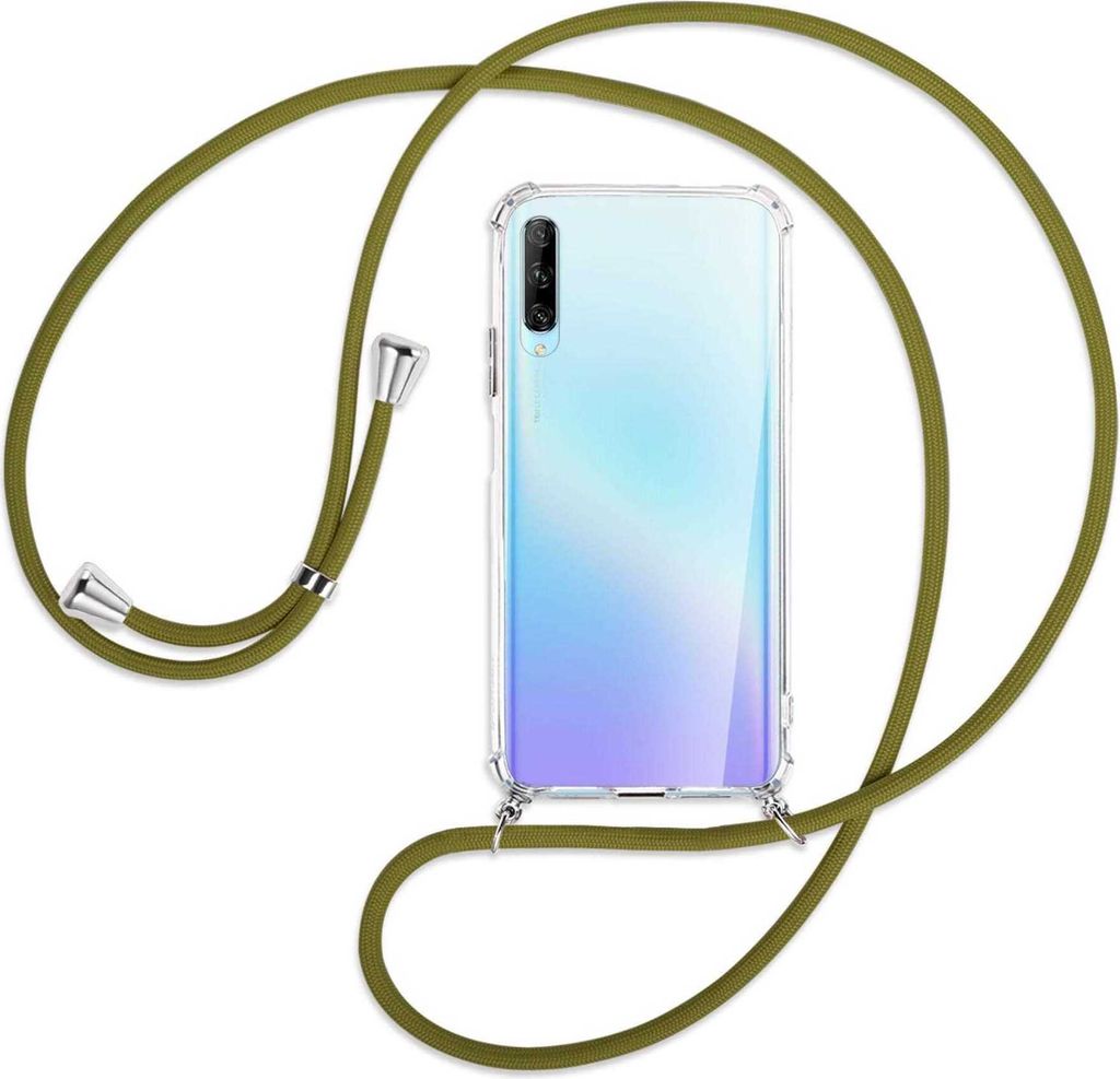 Handykette Backcover-Schutzhülle mit Band (Metall silberfarben) für Huawei P Smart Pro 2019 - khaki