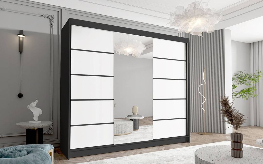Schwebetürenschrank 3-türig Schrank 250 cm mit Regalen Moderne Kleiderschrank Garderobe für Kleidung Modell DASTO VI SCHWARZ / WEISS