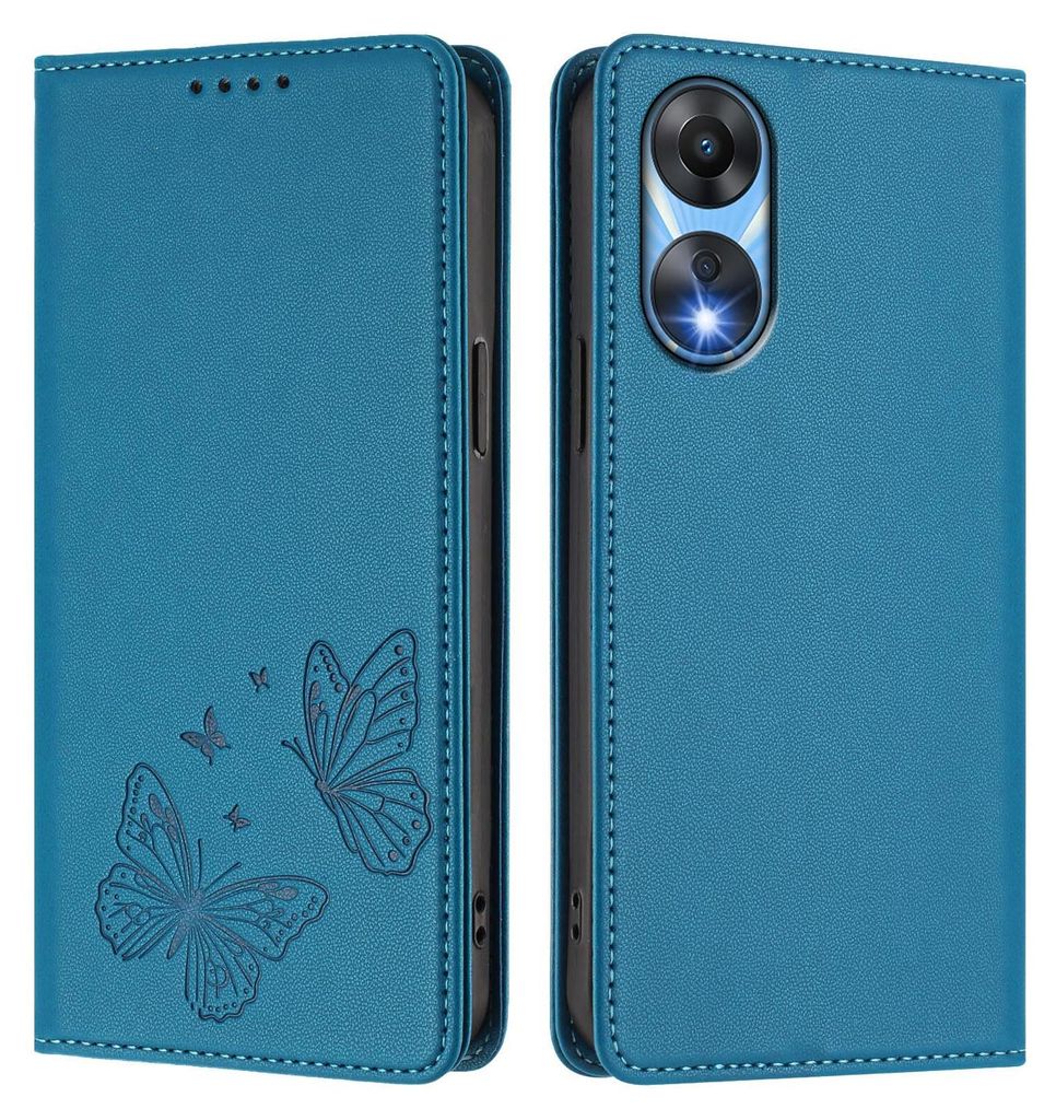 Lederhülle für Oppo A78 5G, Schmetterling Prägung Leder Brieftasche Schutzhülle mit Ständer Blau