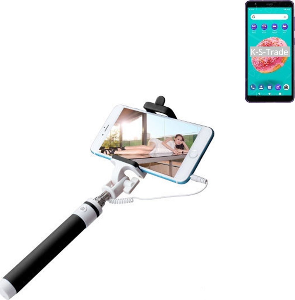 K-S-Trade Selfie Stick kompatibel mit ZTE Blade A3Y Selfiestick kabelgebunden Monopod mit Kabel Stab Stange Selfportrait Handheldstick schwarz 1x