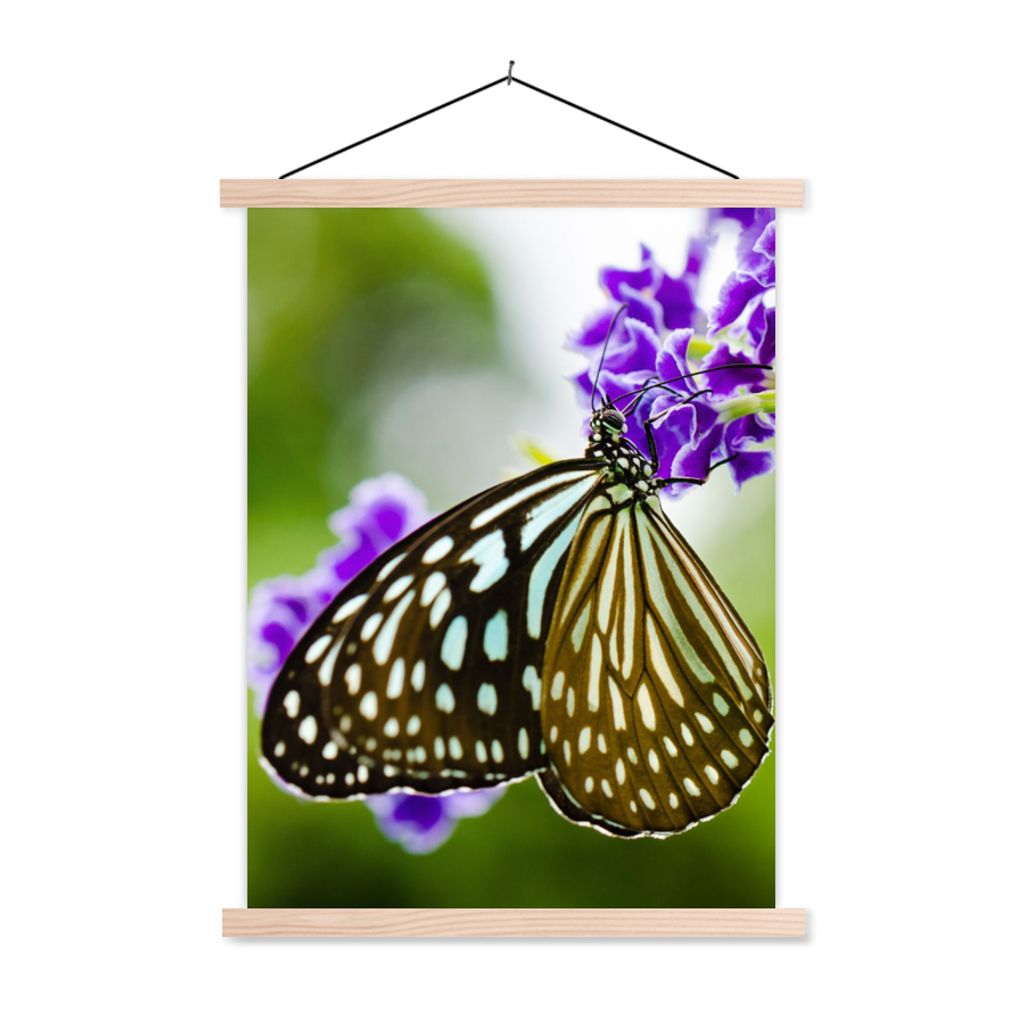 MuchoWow Textilposter Lavendel - Schmetterling - Botanisch 60x80 cm mit holzfarbenen Rahmen - Wandbild