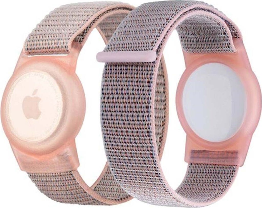 Two pink and gray Apple AirTag holders with woven bands are shown against a white background.