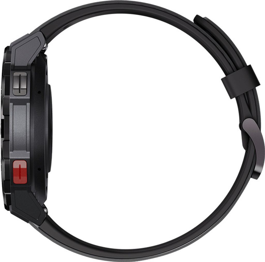 Side view of a black smartwatch with a black strap.