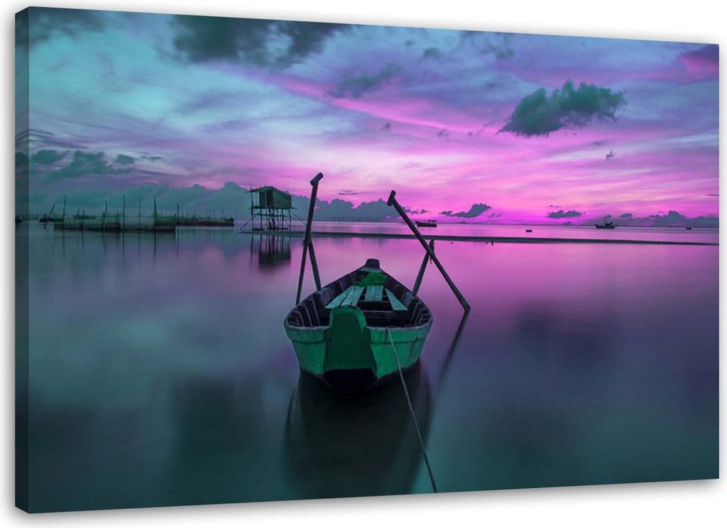 Leinwandbild see sonnenuntergang boot 90x60 cm Feeby lila wandbild bereit zum aufhängen