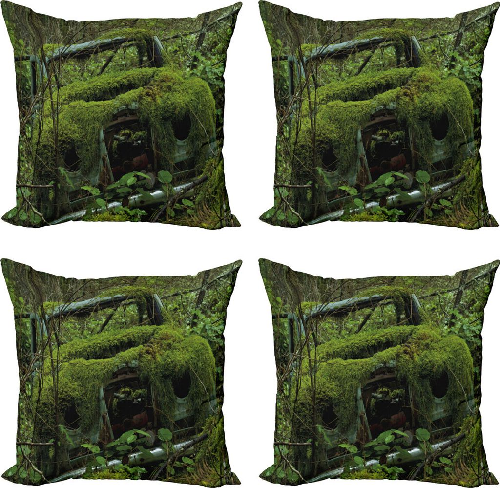 ABAKUHAUS Natur Kissenbezug Set (4 Stück), Old Classic Car Wald, Moderner Doppelseitiger Digitaldruck, 40 cm x 40 cm, Olivgrün und Dimgrey