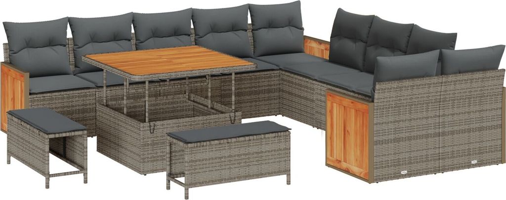 Langlebige 13-teiliges Garten-Sofa-Set mit Kissen Grau Poly-Rattan Akazie, 2-Sitzer Garten-Sofa mit Kissen Grau Poly-Rattan, 3-teiliges Garten-Dini...