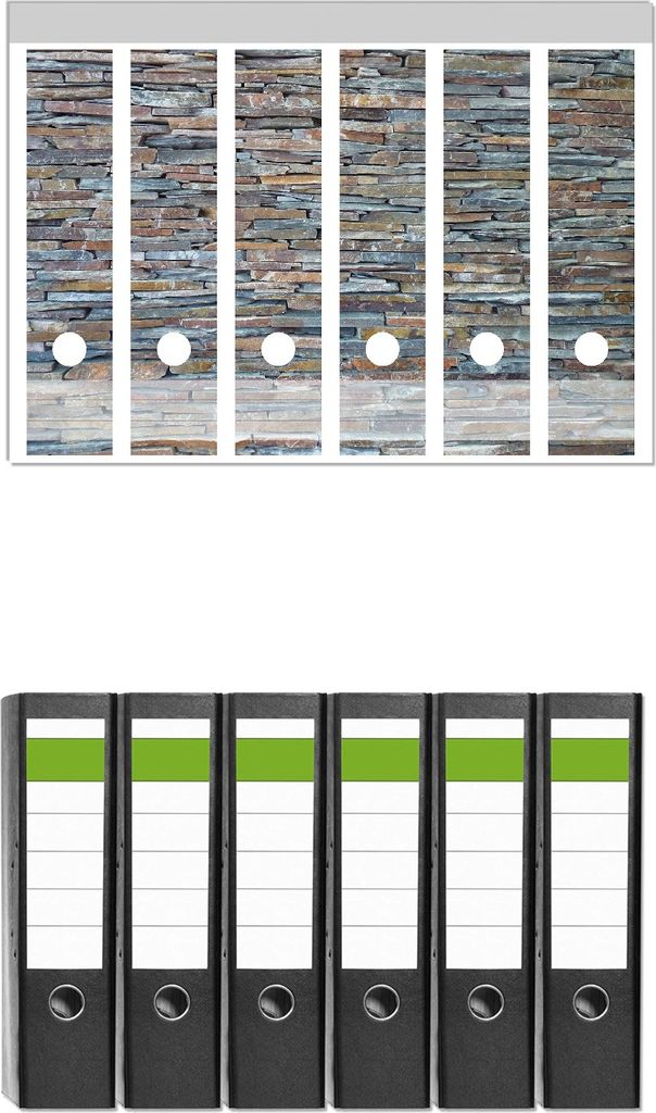 Wallario 6 Stück breite Ordner inkl. Klebeetiketten mit Motive Natursteinmauer in grau braun - Set mit Rückenschildern / Ordnerrücken Stickern