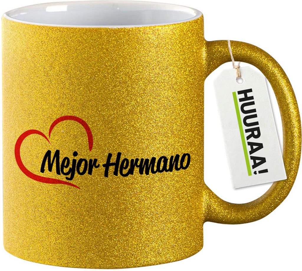 Huuraa Glitzertasse Mejor Hermano Corazón 330ml Gold Keramik Kaffeebecher Geschenkidee