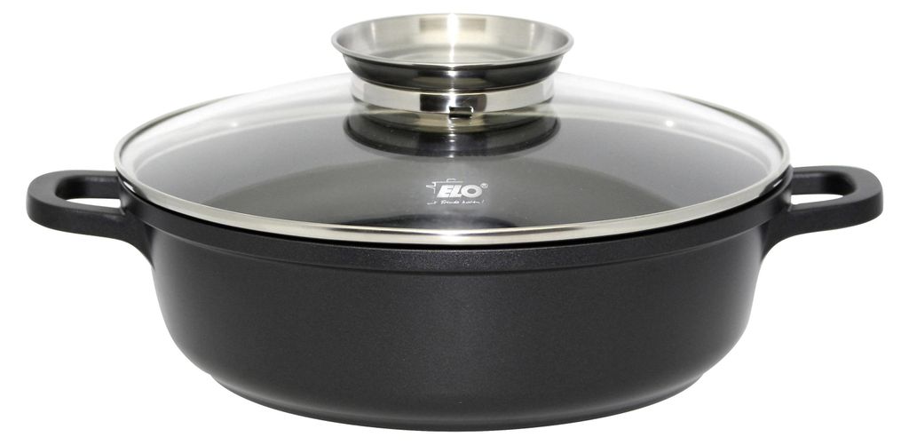 A black pot with a glass lid and silver handles is shown against a white background.