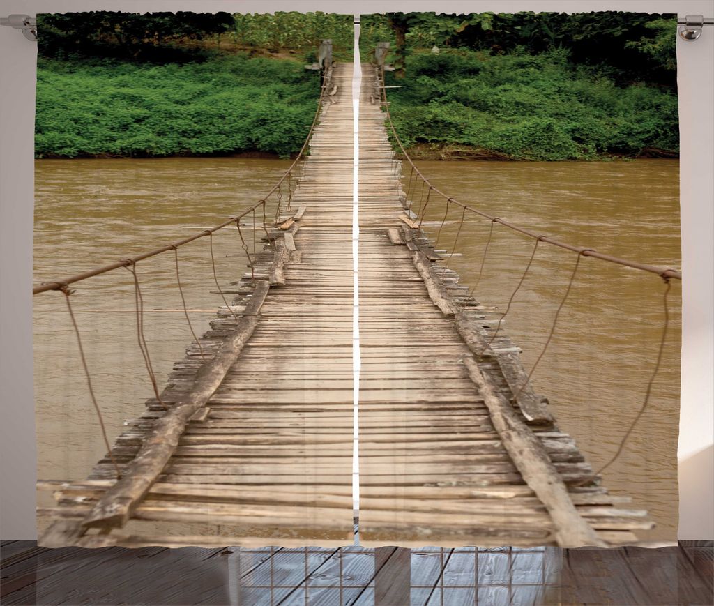 ABAKUHAUS Holzbrücke Rustikaler Gardine, Über Fluss in Thailand, Wohnzimmer Universalband Gardinen mit Schlaufen und Haken, 280 x 225 cm, Khakigrün
