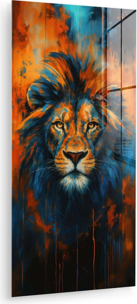 MuchoWow Glasbilder - Bilder auf Wandbild - Foto auf Glas Gemälde - Löwenkopf - Orange 40x80 cm Wanddekoration aus Glas - Acrylglasbild - Acrylbi...