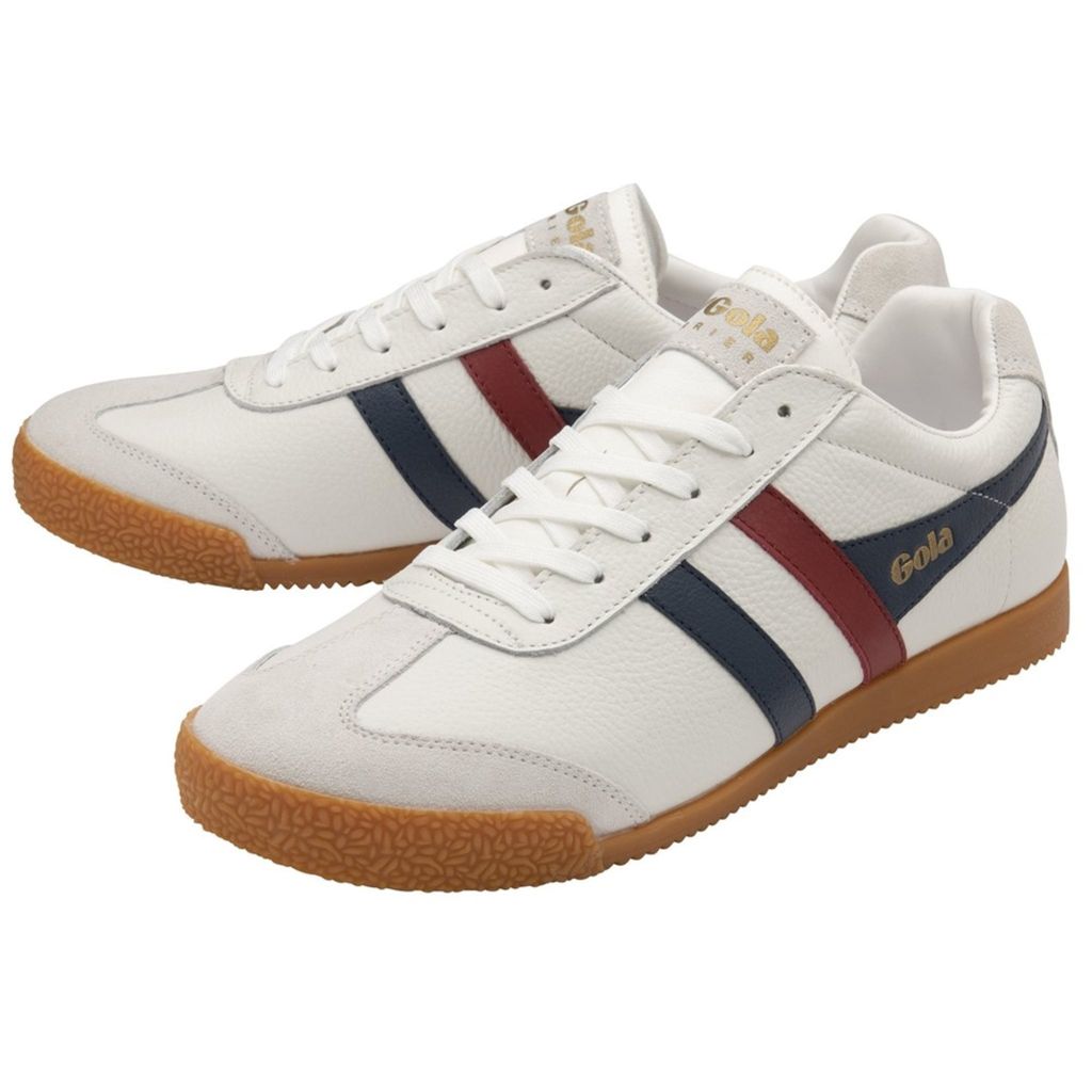 A pair of white Gola sneakers with red and blue stripes.