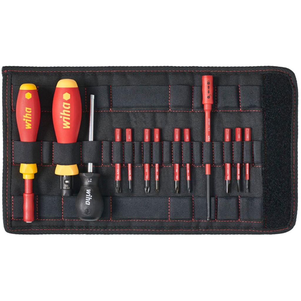 A set of screwdrivers laid out in a black fabric organizer.