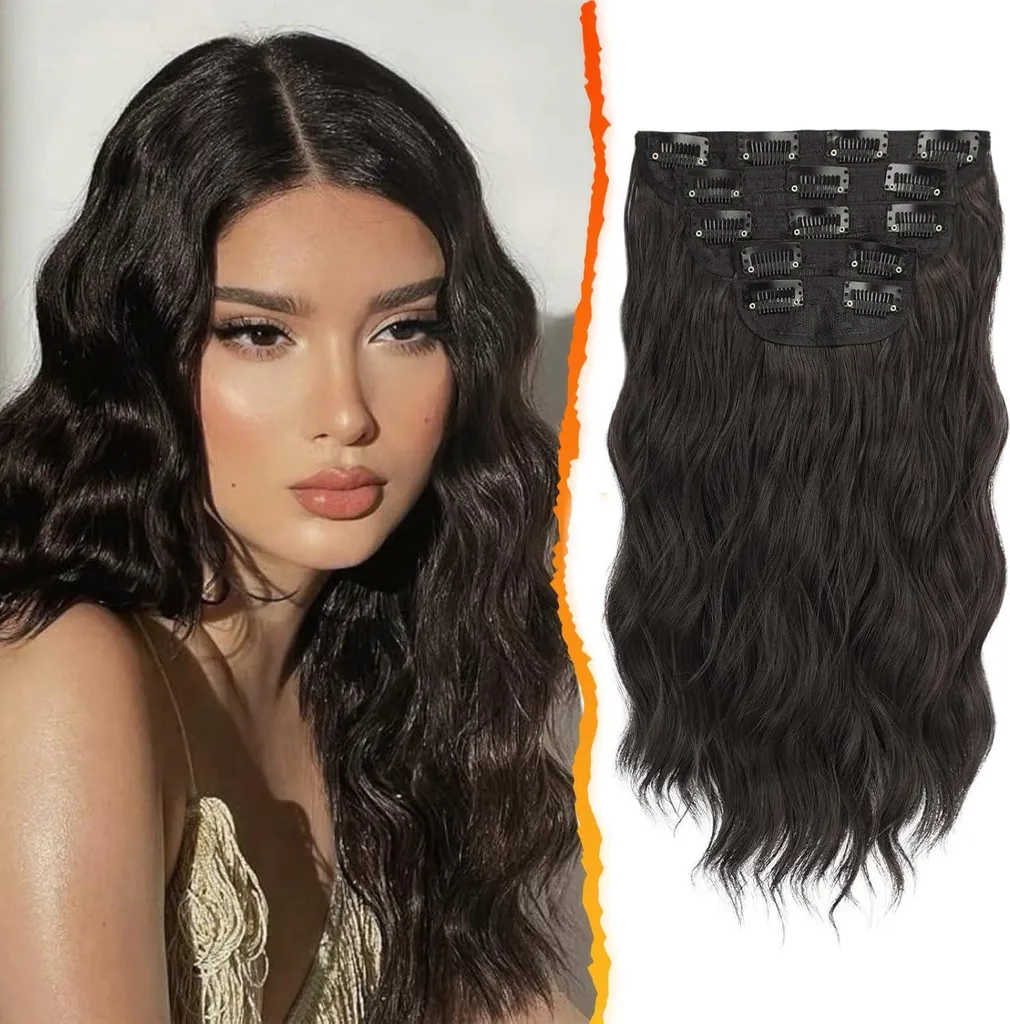 Extensions à clips pour mariage : cheveux ondulés bruns 35cm 5 pcs