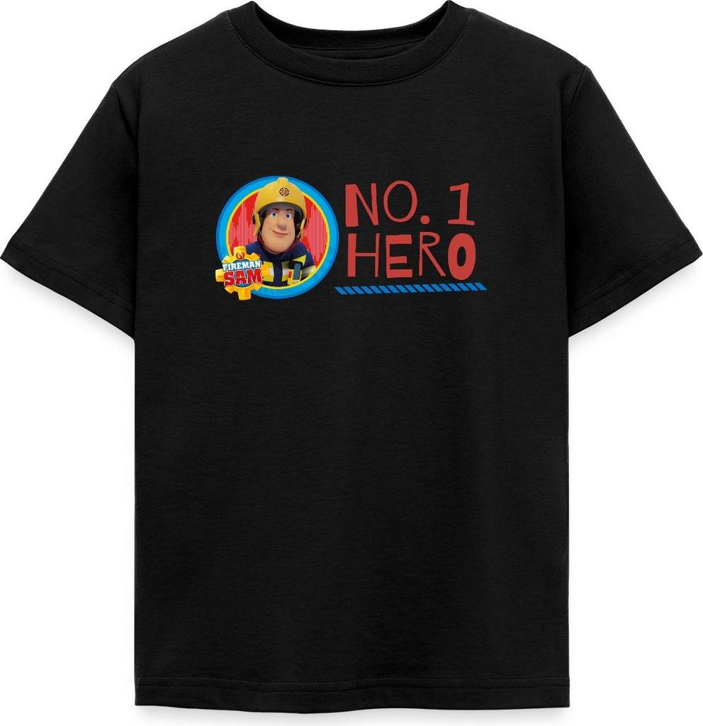 Spreadshirt Feuerwehrmann Sam No. 1 Hero Kinder T-Shirt, 110/116 (5-6 Jahre), Schwarz
