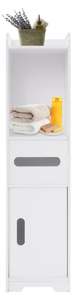 Badezimmerschrank - Schmaler freistehender Bodenschrank - 3 Ebenen - Große Kapazität - PVC-Holzverbund - Tragkraft 25 kg - Fachhöhe 14 cm - Weiß