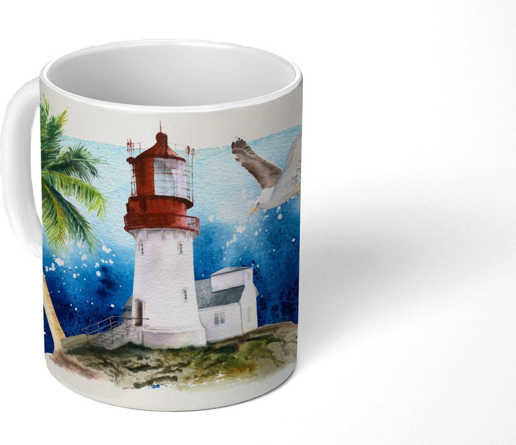 MuchoWow Tasse Kaffeetasse Kaffeebecher 350 ml Leuchtturm - Palme - Vogel Teetasse - Fototasse - Becher - Keramikbecher - Teebecher - Kaffeetasse...