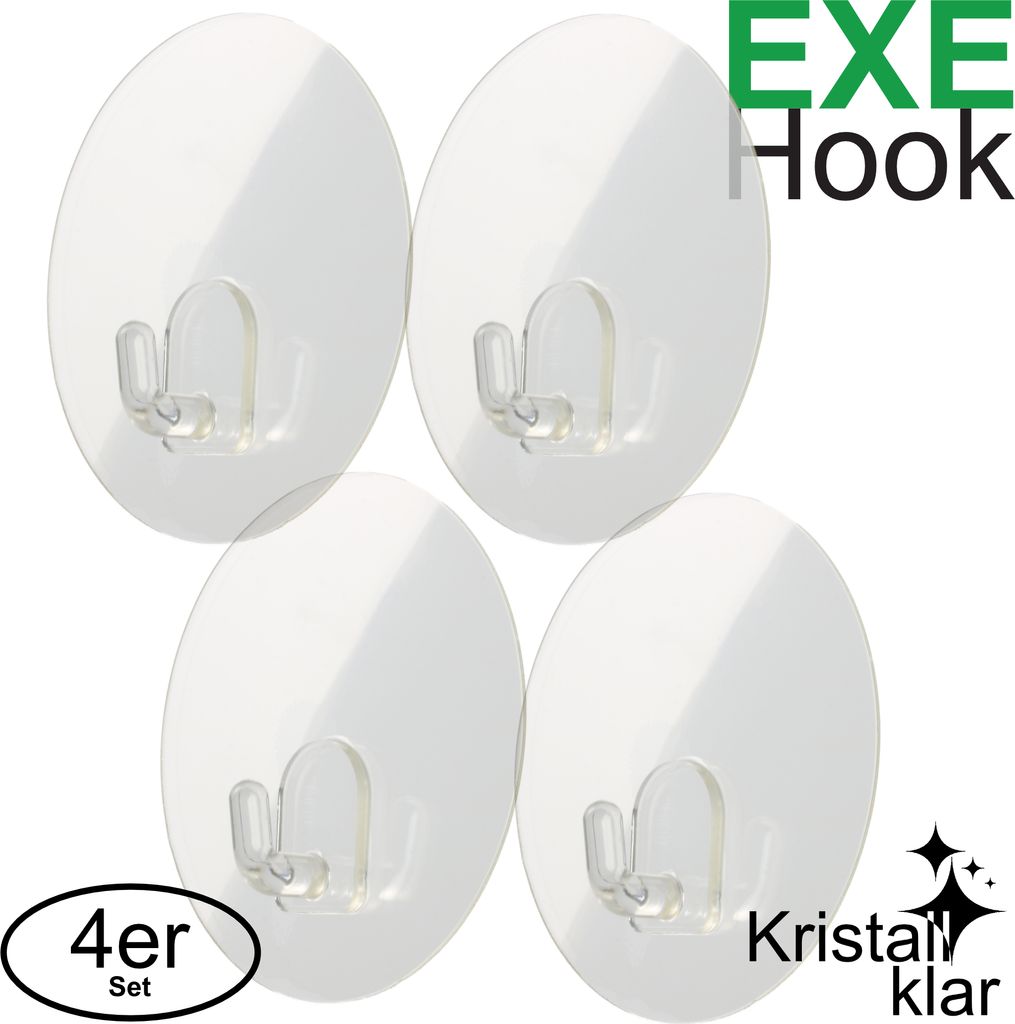 EXE Hook Wandhaken ohne Bohren 4er-Set – rund, transparent, Produktbild 